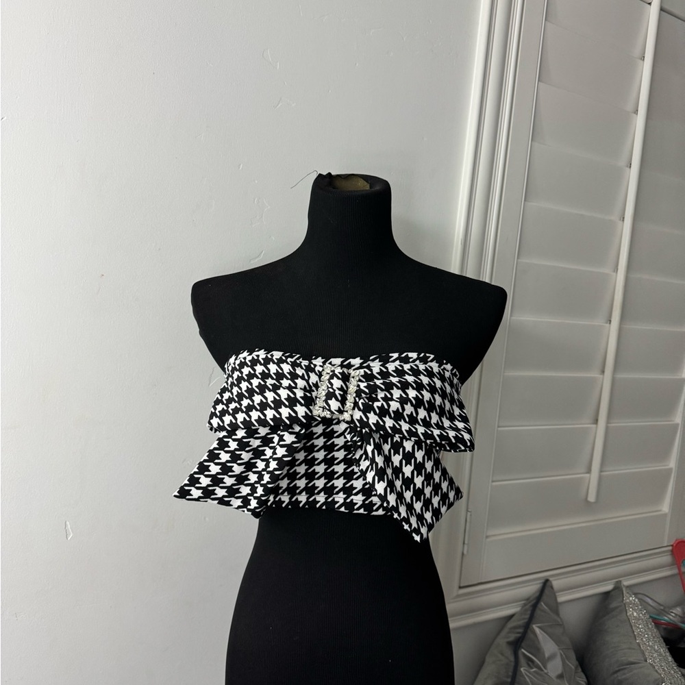 Black and White Strapless Bustier Top with Ruffled Details